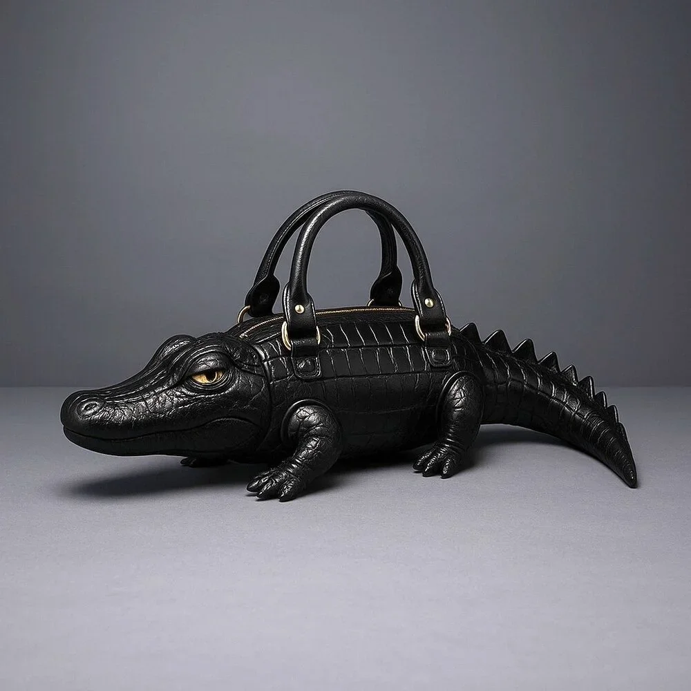 Black Alligator Crocodile Novelty Handbag Purse w/ Strap Statement Bag - Picture 1 of 11